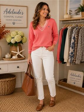 Vineyard Vines Coral Cotton Cashmere V-Neck Sweater Women’s Medium Pink Ivory Wh